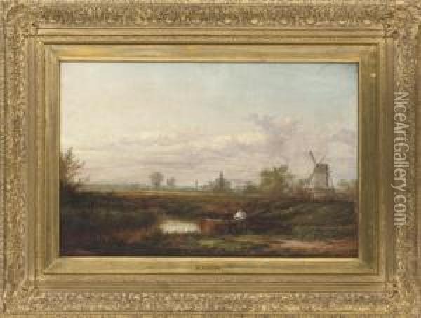 Two Figures Resting Beside A Stream, A Windmill Beyond Oil Painting - Benjamin Shipham