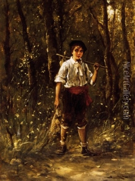 Kisfiu Erdoben (little Boy In The Wood) Oil Painting - Lajos Bruck
