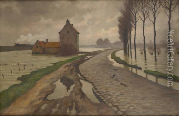 Train A Vapeur Devant Les Inondations Oil Painting - Victor Gilsoul