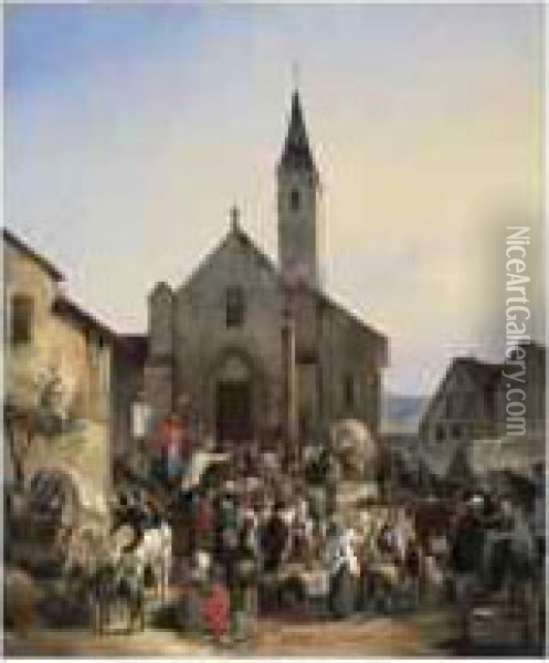 [victor-jean Adam; Market Day; Oil On Canvas; Signed And Dated 1825] Oil Painting - Victor Adam