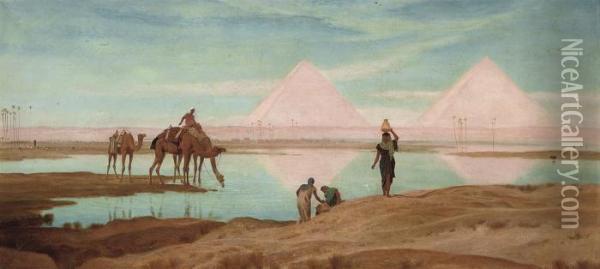 Watering Camels On The Nile, The Pyramids Beyond Oil Painting - Frederick Goodall