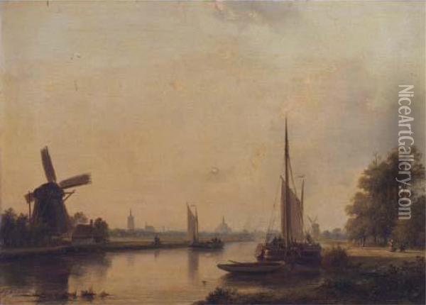 Moored Vessels On The Vliet, The Hague Beyond Oil Painting - Lodewijk Johannes Kleijn