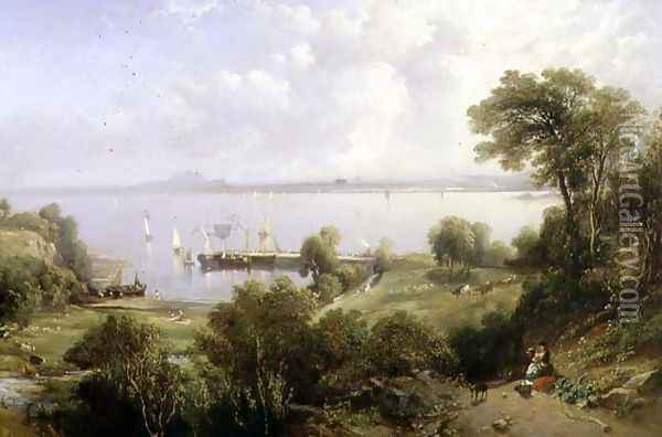 Aberdour Harbour, Edinburgh in the Distance, 1849 Oil Painting - Edmund Thornton Crawford