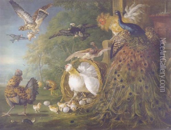 A Peacock, Cockerel, Hen With Her Chicks, A Kestrel With Its Prey And Other Birds, By A Bas-relief Sculpture, Landscape Beyond Oil Painting - Pieter Casteels III
