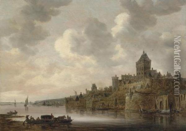 The Valkhof At Nijmegen, With A 
Coach And Four On A Ferry On The River Waal In The Foreground Oil Painting - Jan van Goyen