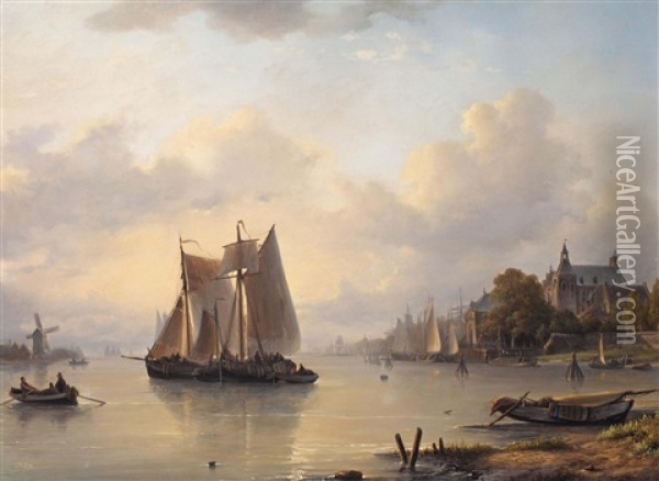 Moored Barges Near A Town Oil Painting - Lodewijk Johannes Kleijn