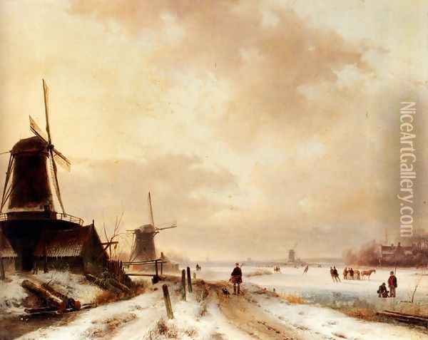 Winter: a huntsman passing woodmills on a snowy track, skaters on a frozen river beyond Oil Painting - Andreas Schelfhout