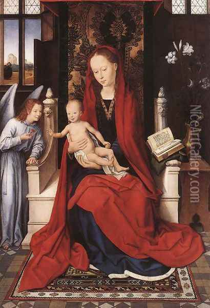 Virgin Enthroned with Child and Angel c. 1480 Oil Painting - Hans Memling