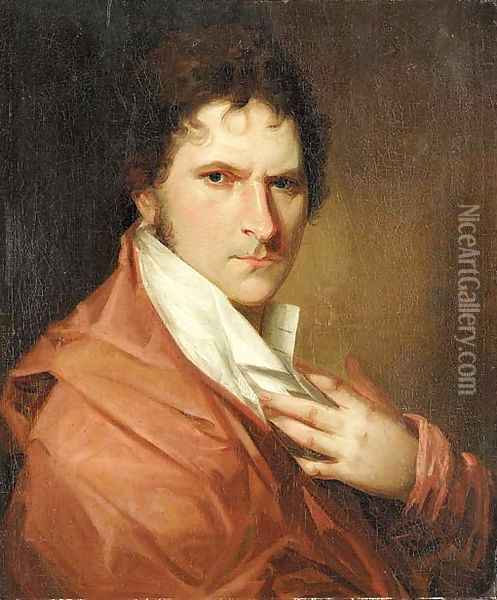 Portrait of a gentleman, bust length, in a red cloak and white shirt Oil Painting - Danish School