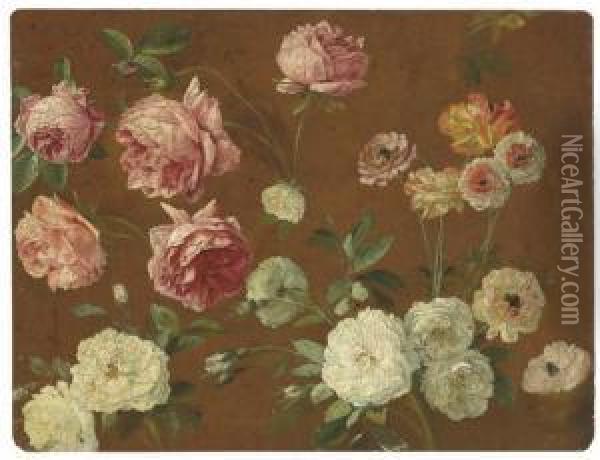 Pink And White Roses, Chrysanthemums And Poppies Oil Painting - Pancrace Bessa