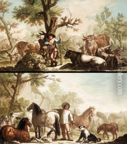 Landscape With A Drover And His Cattle (+ Landscape With A Stablehand With His Horses; Pair) Oil Painting - Francesco Londonio
