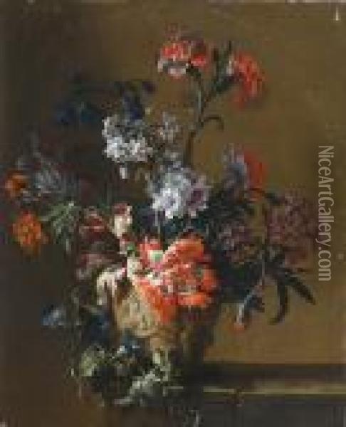 Chrysanthemums, Tulips, Morning 
Glory, Narcissi And Other Flowers In A Vase On A Stone Ledge Oil Painting - Jean-Baptiste Monnoyer