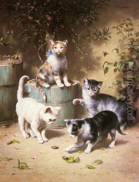 Kittens Playing with Beetles Oil Painting - Carl Reichert