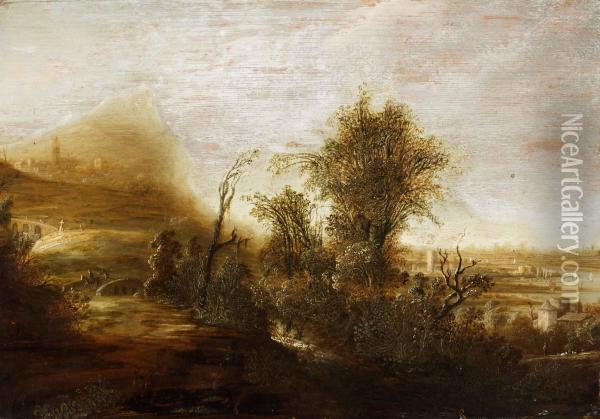 Landskap Med Trad, Byggander Och Figurer Oil Painting - Jacob De Villeers