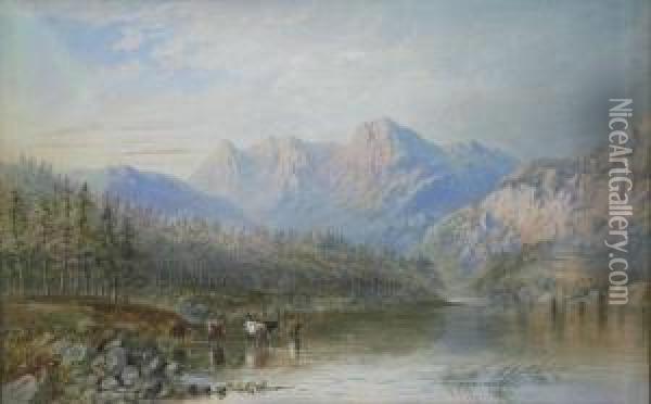Mountainous Landscape With Cattle Watering In The Foreground Oil Painting - Cornelius Pearson