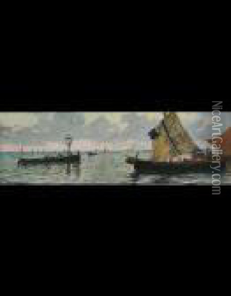 Barche In Laguna Oil Painting - Carlo Pellegrini