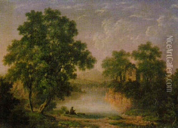 A Capriccio Landscape With Ruins By A Lake Oil Painting - Charlotte Nasmyth