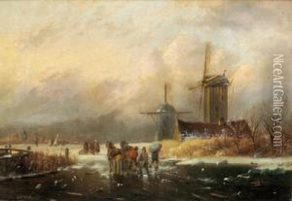 Dutch Winter Landscape Oil Painting - Hendrik Frederik Verheggen