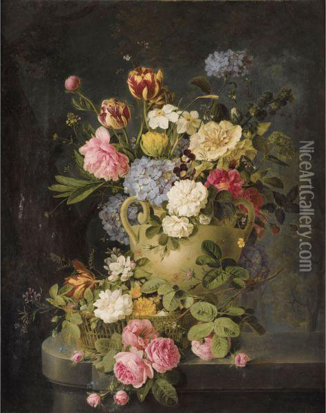 Vase De Fleurs Et Panier Sur Un Entablement De Marbre Oil Painting - Emmanuel Fries