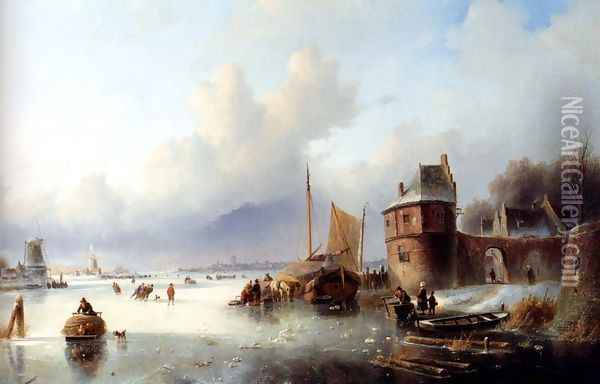 A Winter Landscape With Numerous Skaters On A Frozen Waterway, Dordrecht In The Distance Oil Painting - Jan Jacob Coenraad Spohler