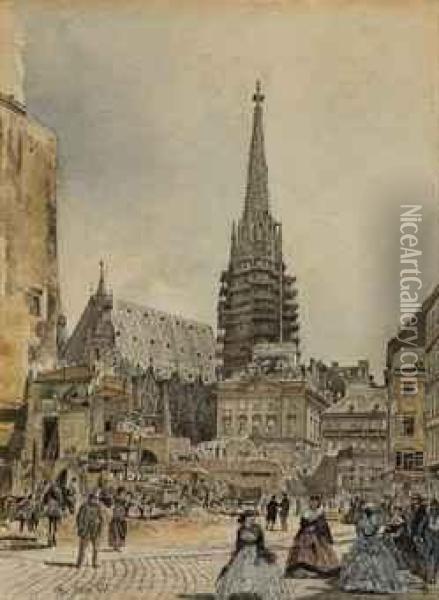 Construction In Front Of Saint Stephen's Cathedral, Vienna Oil Painting - Rudolf Ritter von Alt