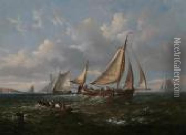 Dutch Fishing Boats And Other Vessels Off The Coast Oil Painting - John Moore Of Ipswich