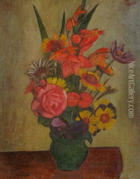 Daisies, Gladioli, Poppies And Red Rose In A Vase Oil Painting - Mark Gertler