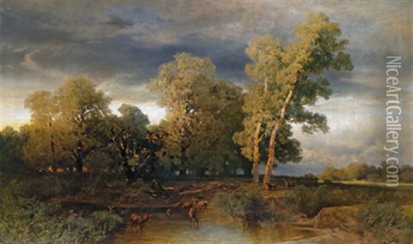 Auenlandschaft Mit Rotwild An Der Wasserstelle Oil Painting - August Schaefer von Wienwald