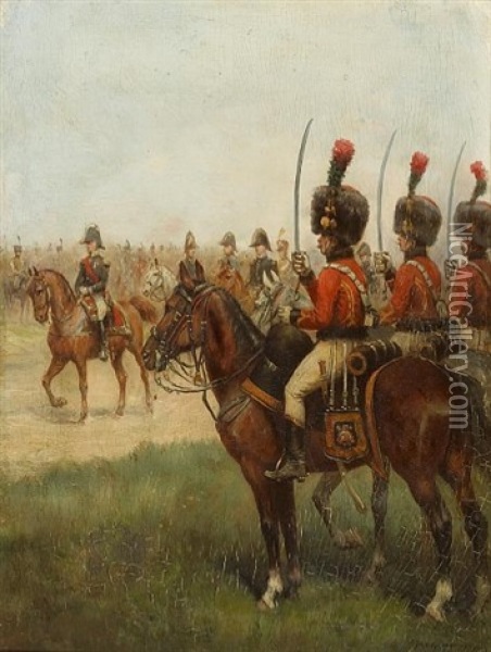 A Napoleonic Military Review Oil Painting - Ernest Meissonier