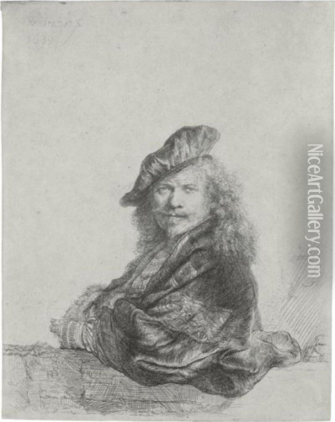Self Portrait Leaning On A Stone Sill (b., Holl. 21; H. 168; Bb. 39-e) Oil Painting - Rembrandt Van Rijn