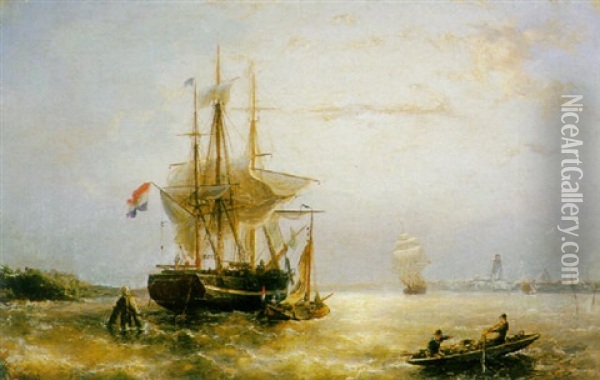 Sailing Vessels On The Ij, Amsterdam Oil Painting - Nicolaas Riegen