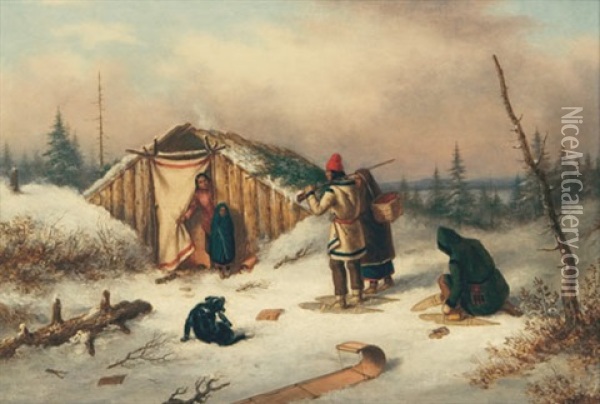 Figures Outside A Log House In A Snowy Landscape Oil Painting - Cornelius David Krieghoff