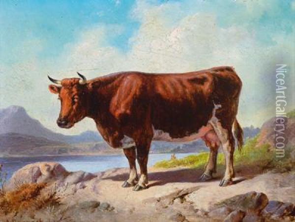 Stehende Kuh Vor Einem Landschaftshintergrund Oil Painting - August Gerasch