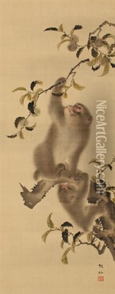 Monkeys In A Chestnut Tree Oil Painting - Sosen Mori