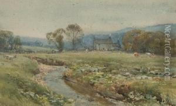 Farmstead With Cattle Beside A Brook Oil Painting - Arthur Reginald Smith