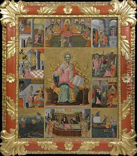 Icon of Saint Nicholas with scenes of his life and miracles Oil Painting - Laskaris Leichoudis