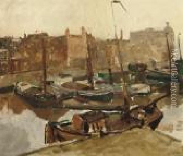 Damrak: Moored Boats On The Damrak With The Victoria Hotel In The Distance, Amsterdam Oil Painting - George Hendrik Breitner