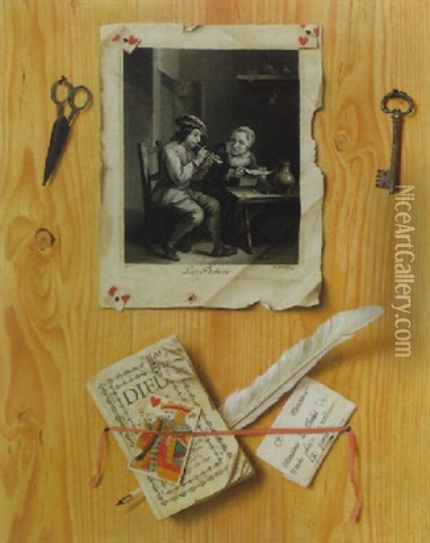 Trompe L'oeil Still Life Of A Print, A Letter, A Pamphlet, A Playing Card, A Quill Pen, Scissors And A Key, All Tacked To A Wooden Board Oil Painting - Gabriel (Gaspard) Gresly