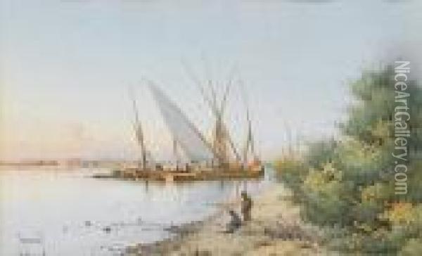Dhows On The Banks Of The Nile Oil Painting - Spyridon Scarvelli