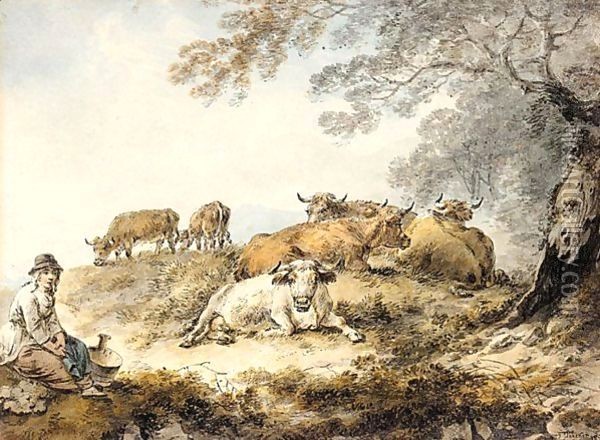 A Milkmaid And Cattle By A Tree Oil Painting - Julius Caesar Ibbetson