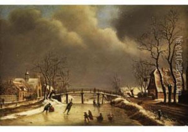 Winterliches Eisvergnugen Oil Painting - Johannes Christian Janson