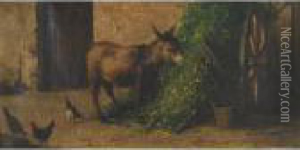 Donkey And Chickens In A Barnyard Oil Painting - Filippo Palizzi