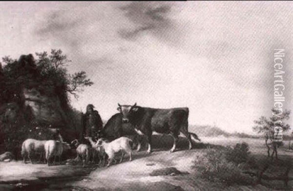 Hirte Mit Tierherde In Einer Hollandischen Landschaft Oil Painting - Joseph Pierre Tancrede Latour