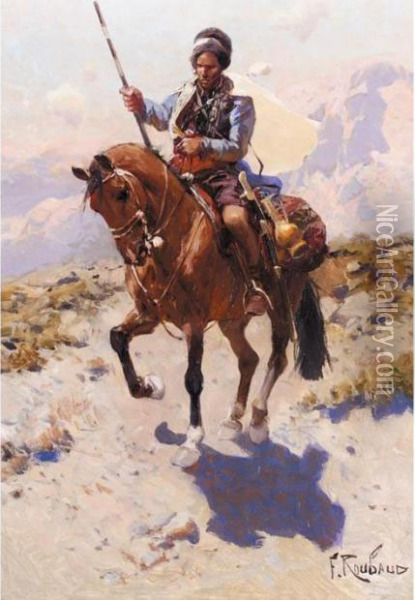 Lone Caucasian Warrior On Horseback Oil Painting - Franz Roubaud