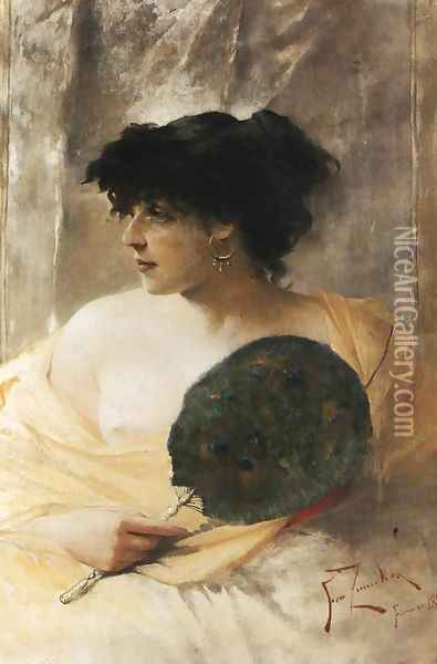 Woman with a Fan Oil Painting - Franciszek Zmurko