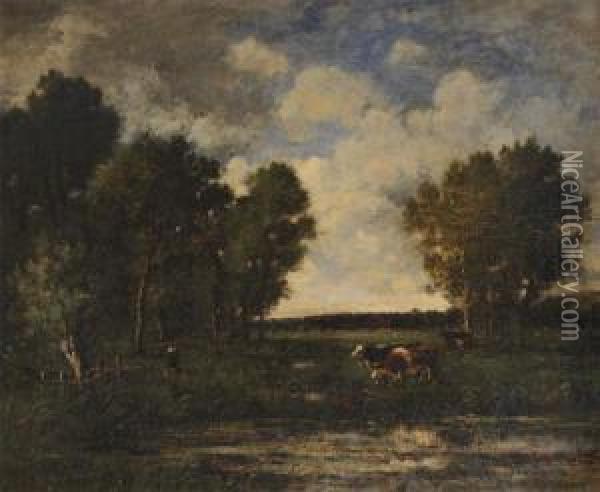 Farmer's Wife With Cows Near The Swamp Oil Painting - Louis-Francois-V. Watelin