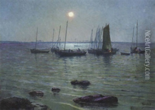 Ships By Moonlight Oil Painting - Alfred Marzin