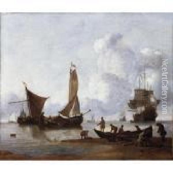 Fishermen Unloading Their Catch 
On The Shore, Moored Fishing Boats And Dutch Men-o'-war At Anchor Beyond Oil Painting - Wigerius Vitringa