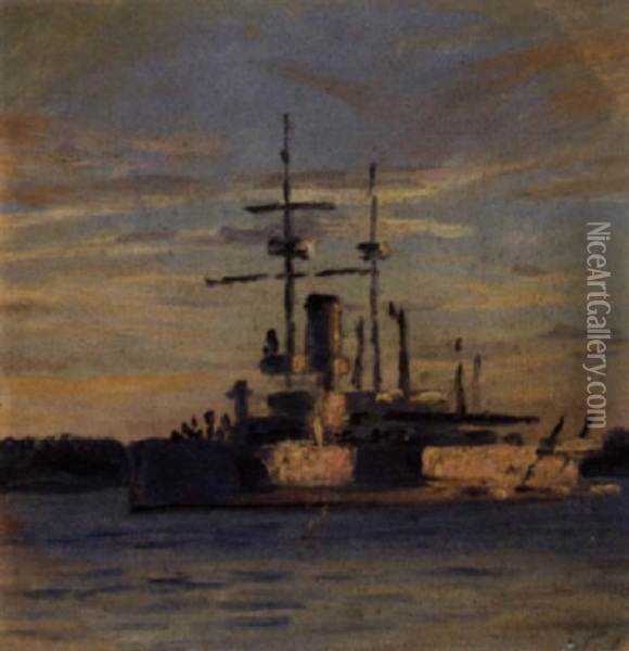 Marine Med Panserskibet Tordenskiold Ud For Kysten Oil Painting - Vilhelm Karl Ferdinand Arnesen