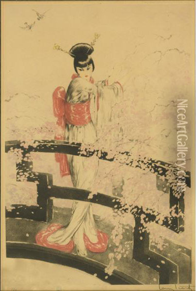 Etching In Color Of A Geisha On A Bridge (framed) Oil Painting - Louis Icart